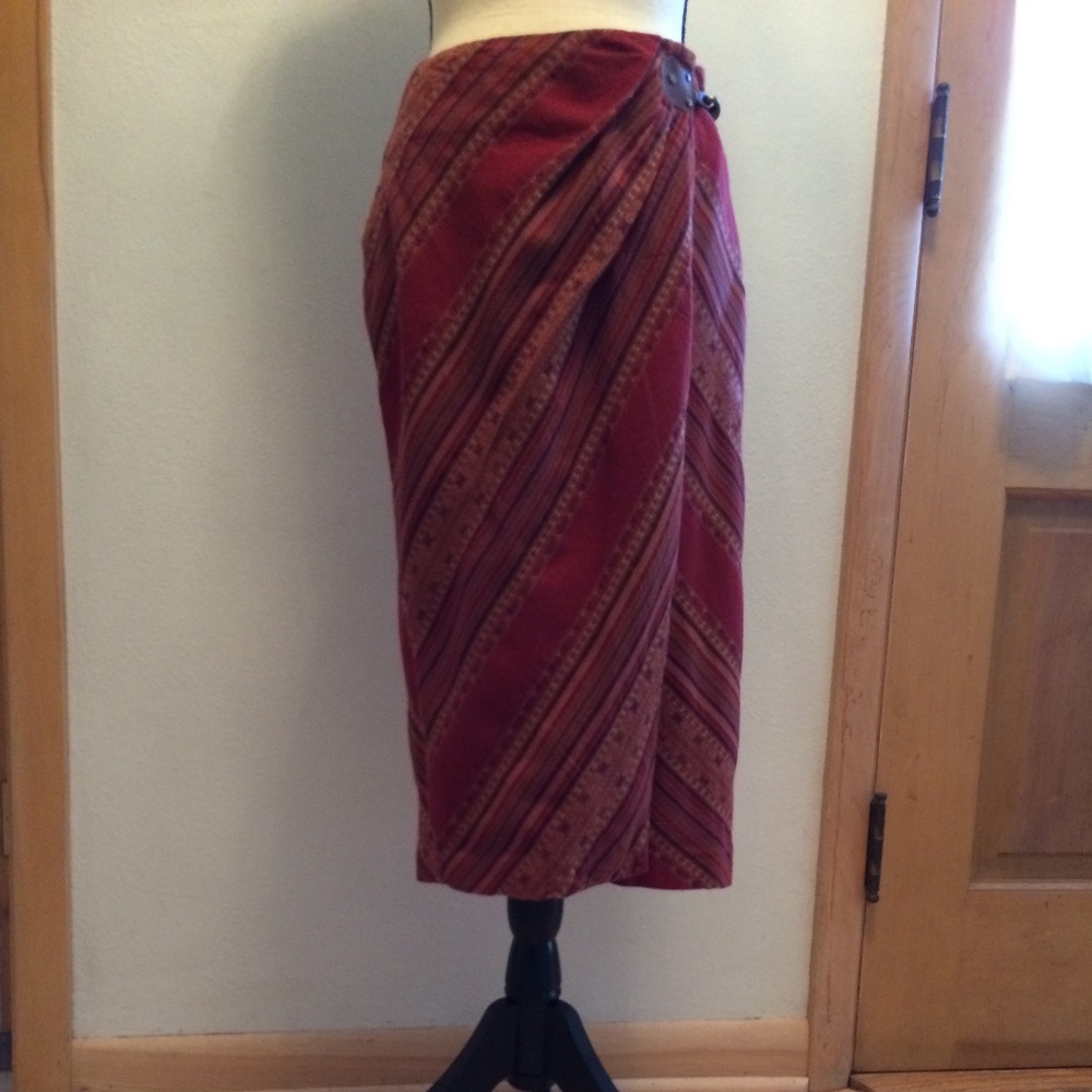 Lauren wrap cotton skirt in warm reds, purples, gold stripe patterns